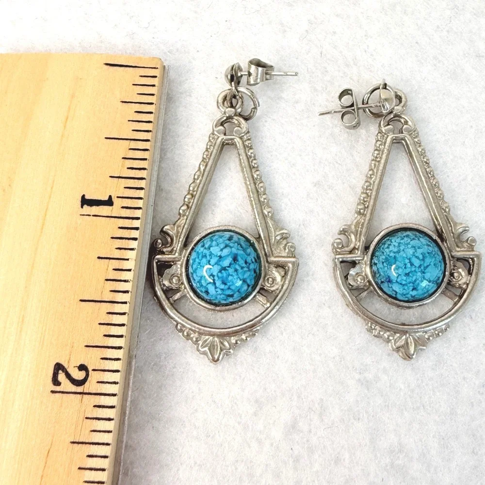 VTG‎ Silver Tone Faux Turquoise Dangle Earrings Southwest Art Deco Boho